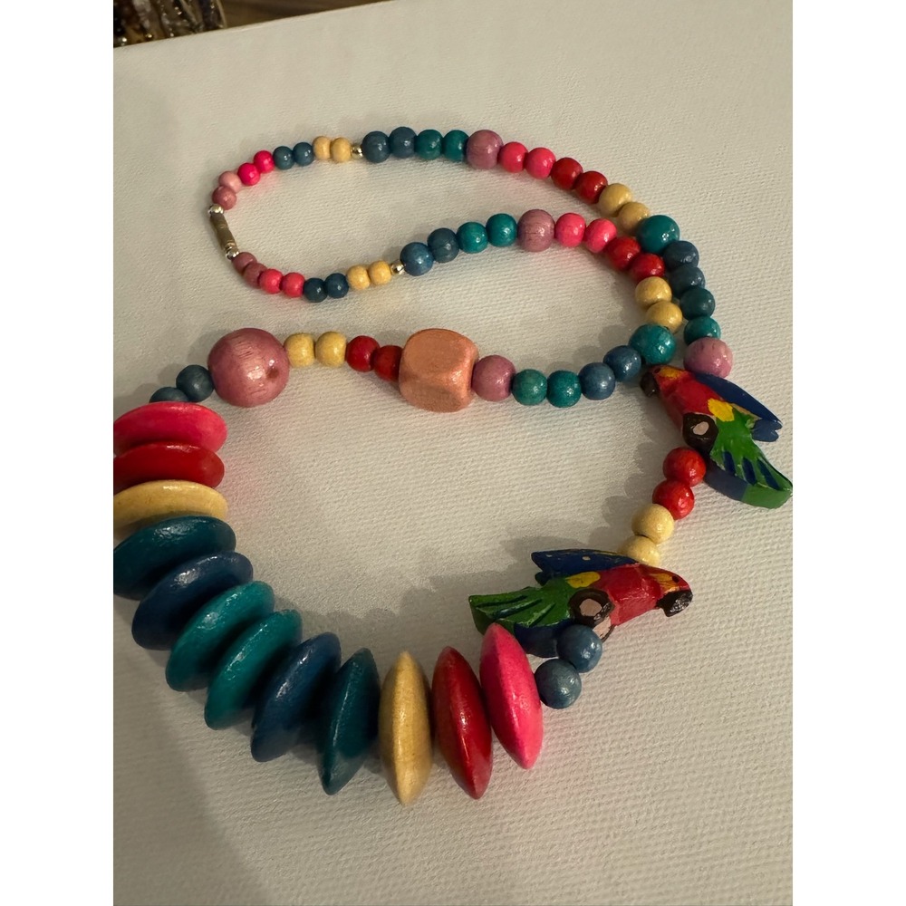 Colorful Hand Painted Wood Parrot Bead Necklace Tropical Boho‎ Statement
